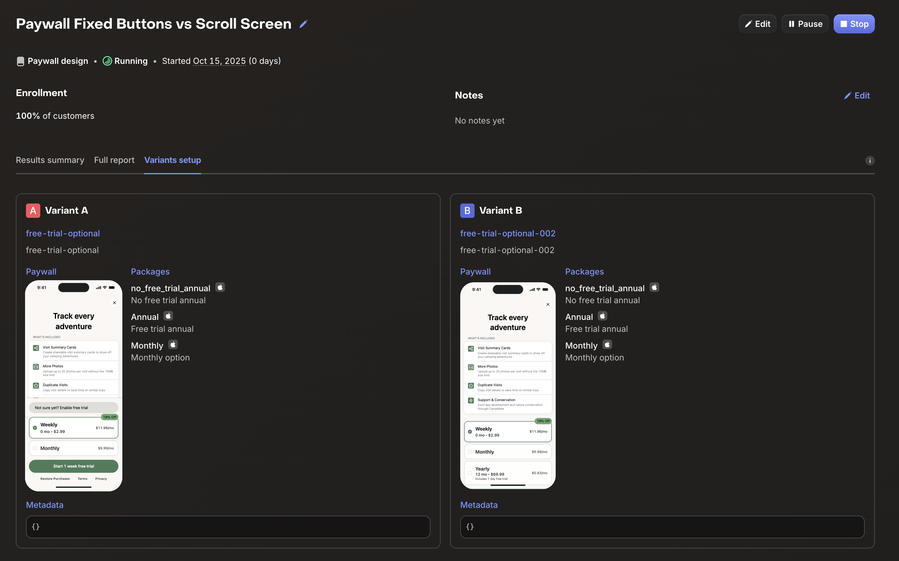 RevenueCat's experiment page